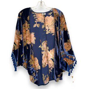 Ivy Jane Blue Velvet Burnout Cardigan Jacket Tassel Fringe One Size Large